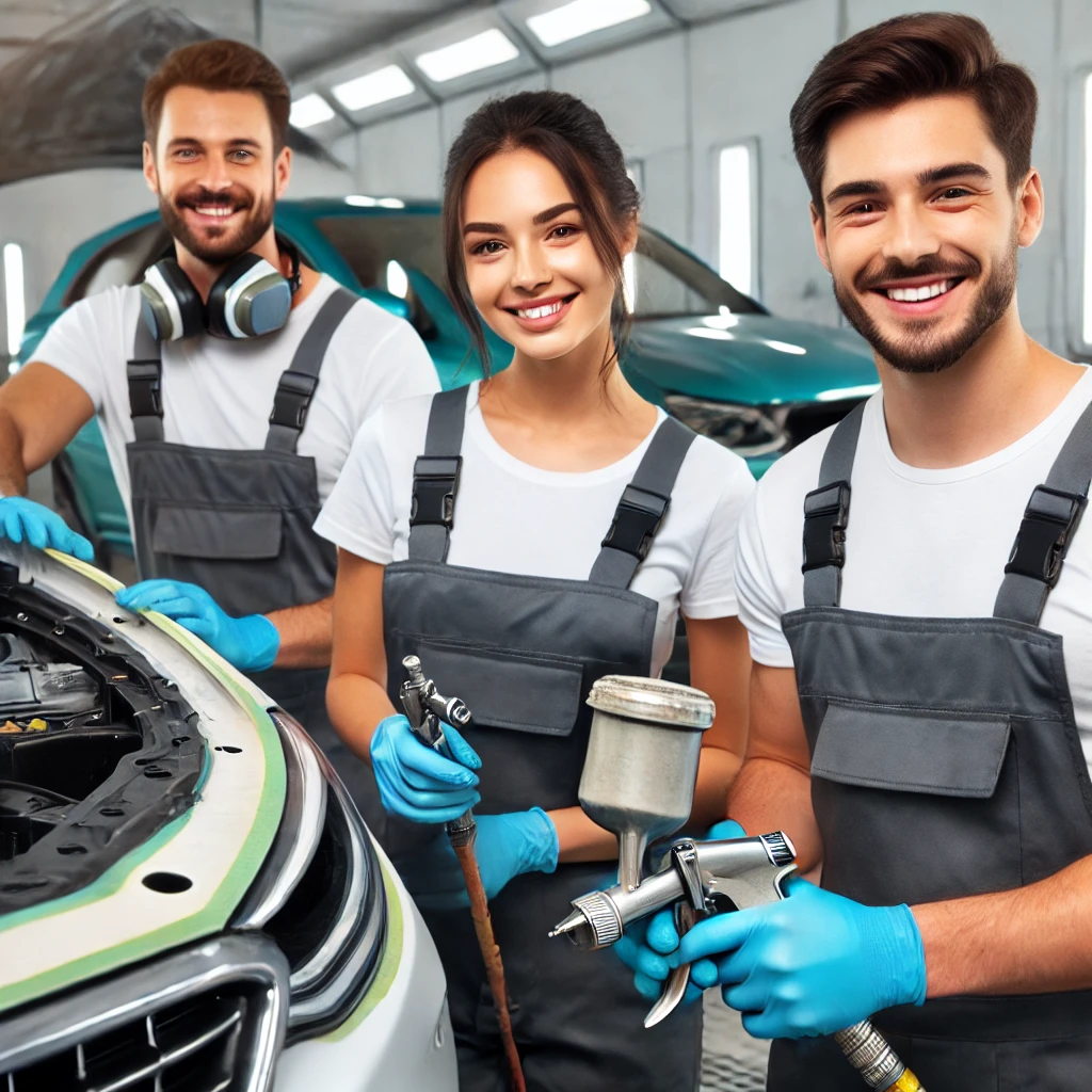 carrossiers et des peintres roumains travaillant dans un atelier automobile